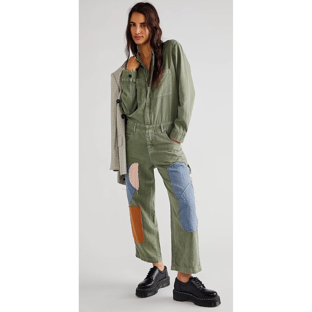 Free People Olive Green Patchwork Utility Jumpsuit